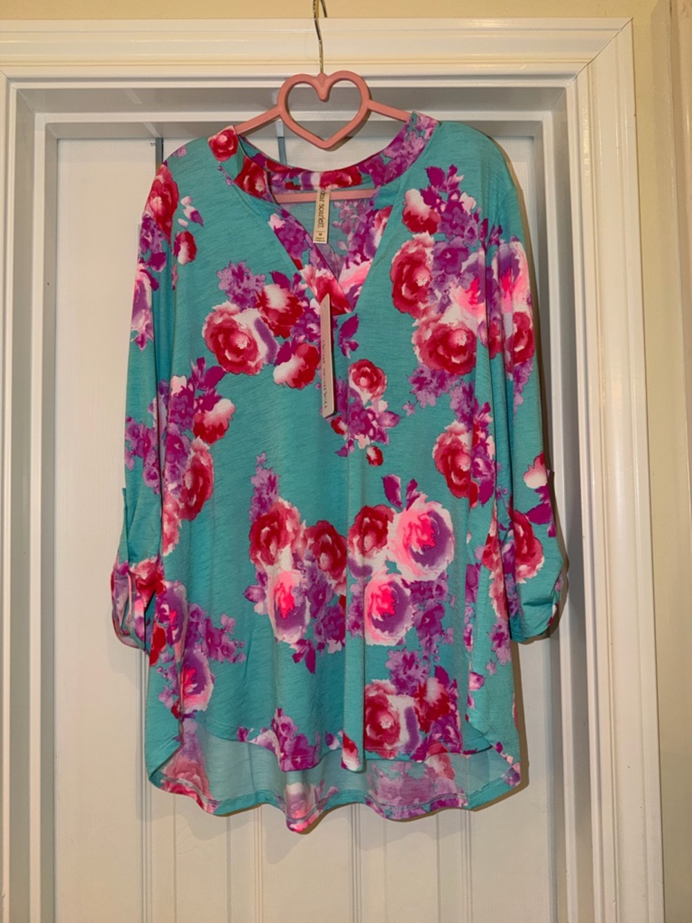 Floral Split-Neck Blouse in Teal with Pink Accents